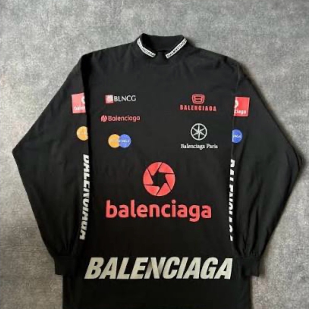 Balenciaga Black Long Sleeve Logo Tee with Red Accents